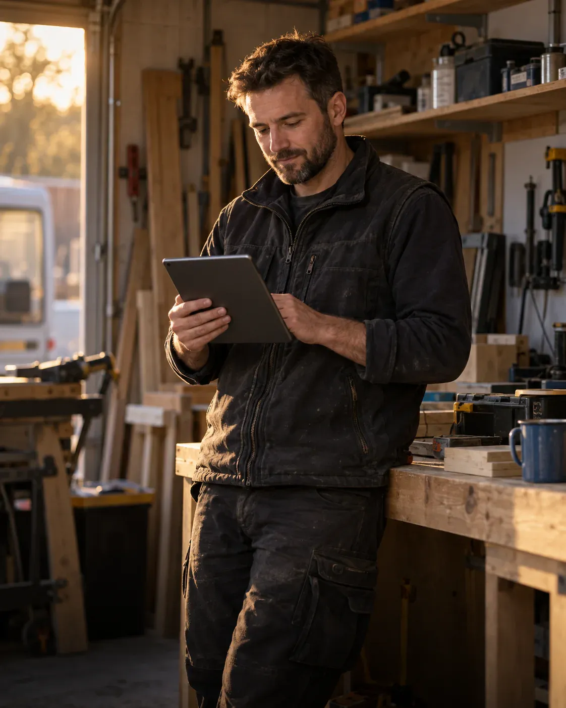 A trade business owner reviewing the day's work on a tablet in his workshop