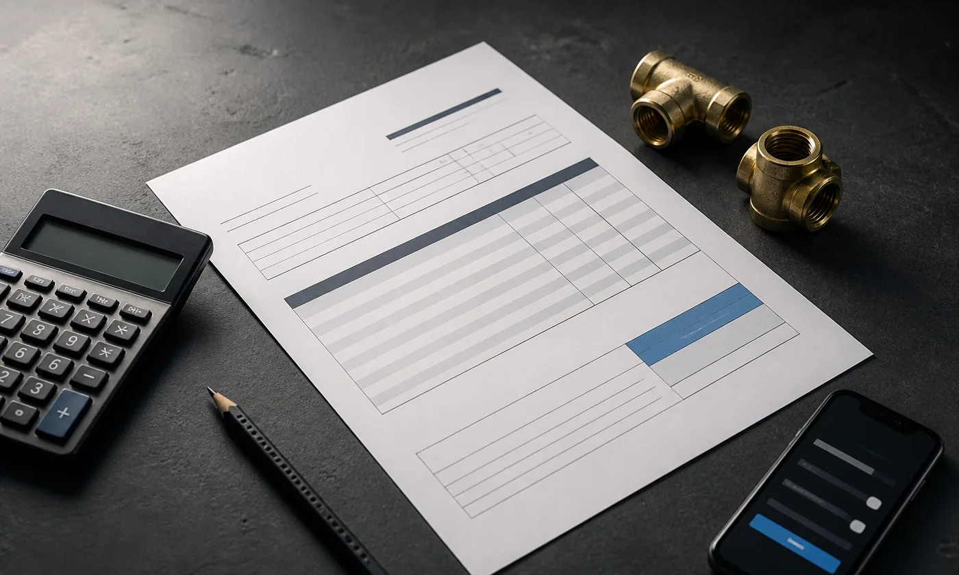 Contractor invoice, calculator, pencil and fittings arranged on a dark worktable