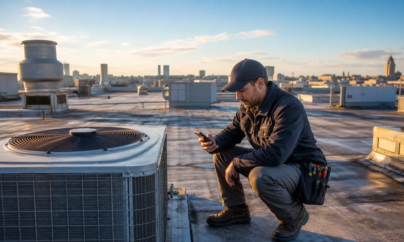 HVAC technician planning service beside rooftop equipment in late afternoon
