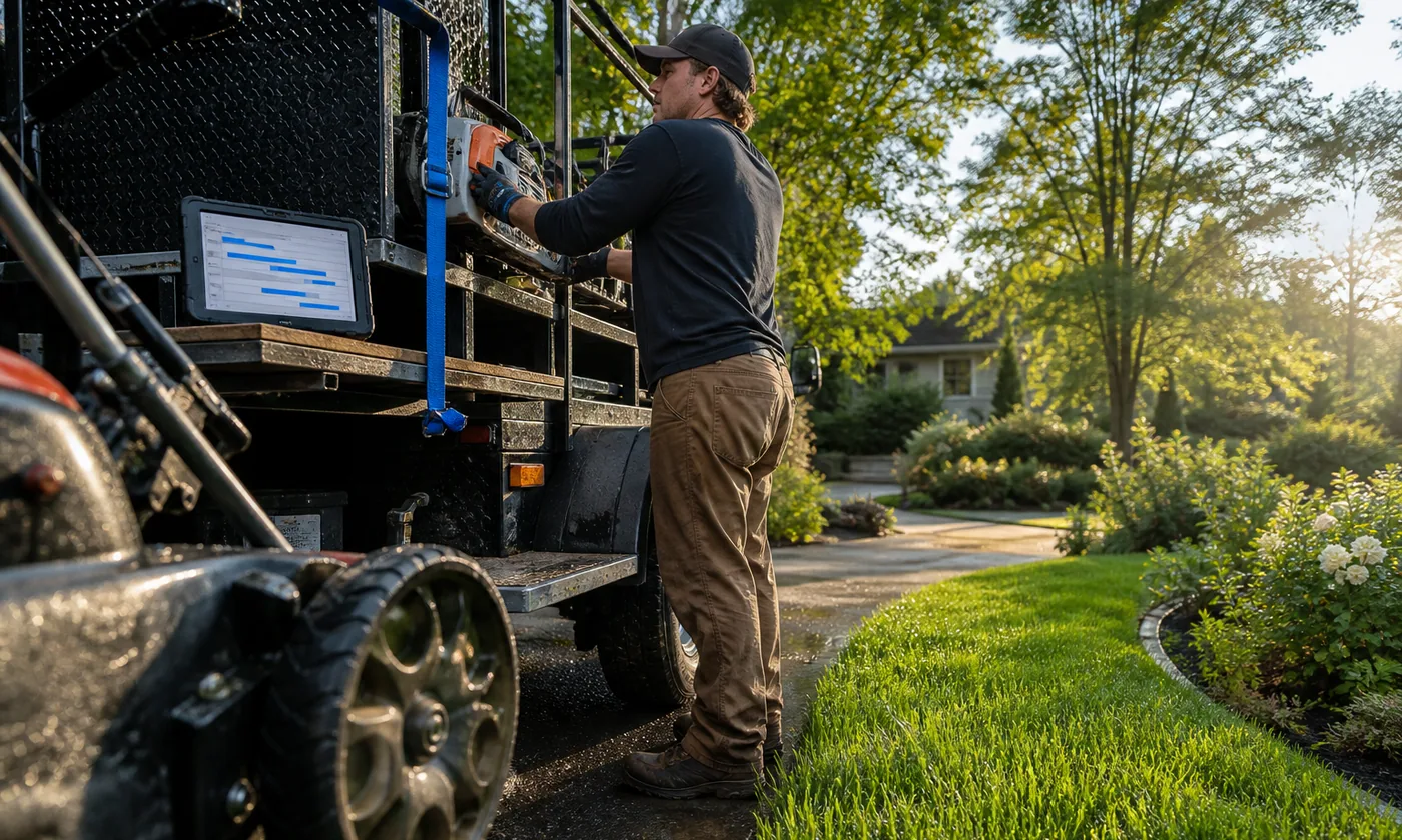 Landscaper securing equipment on a trailer beside a green residential garden