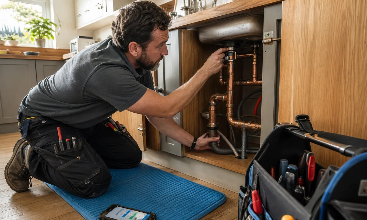 Plumber working beneath a kitchen sink with an organized tool bag nearby