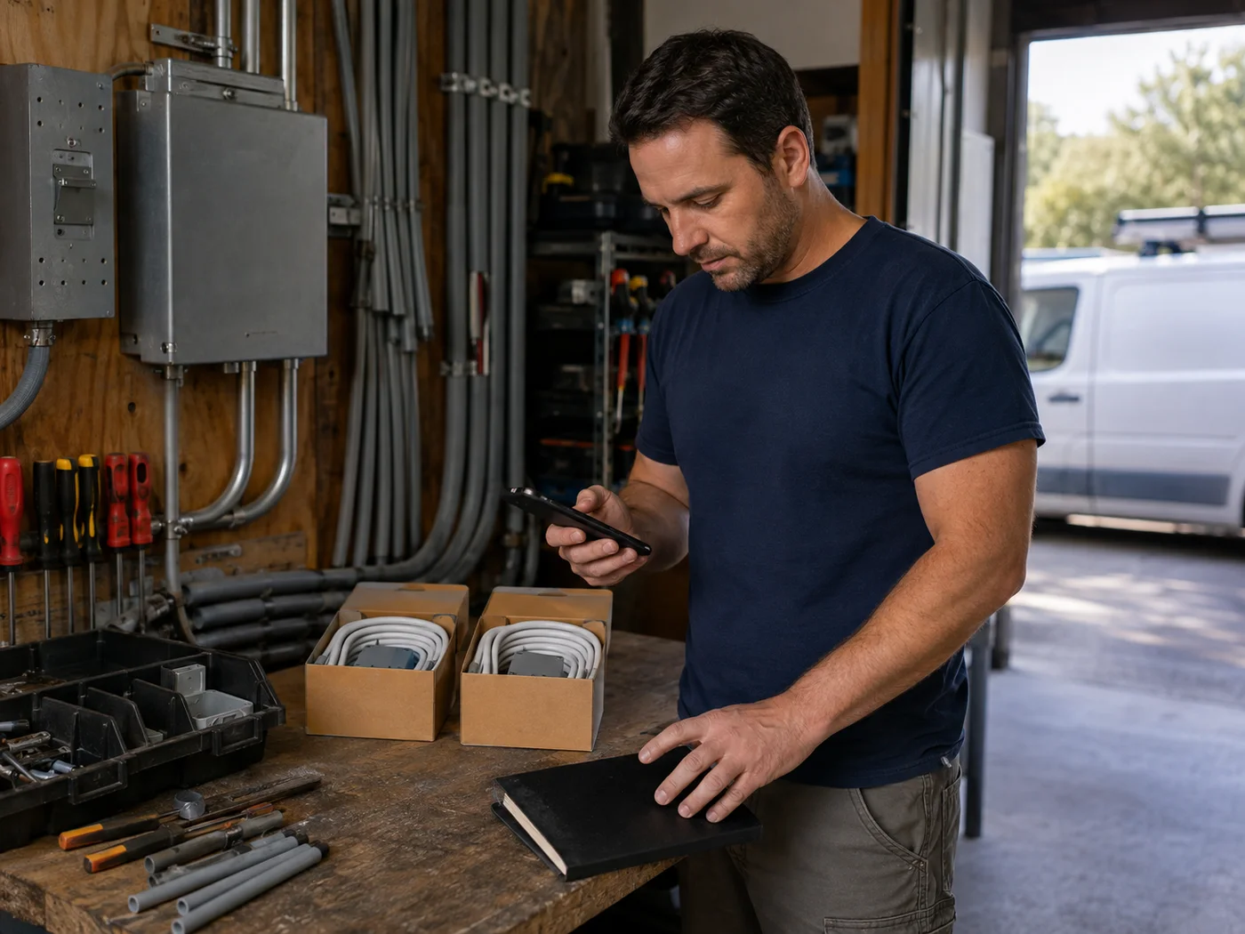 A solo contractor reviewing customer newsletters