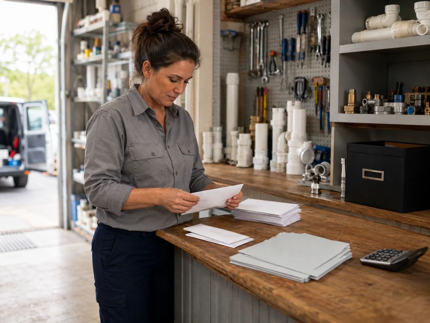 A solo contractor reviewing employees and payslips