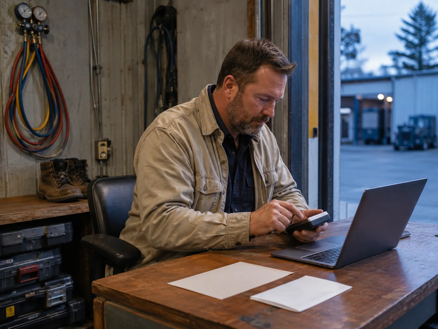 A solo contractor reviewing invoicing and payments