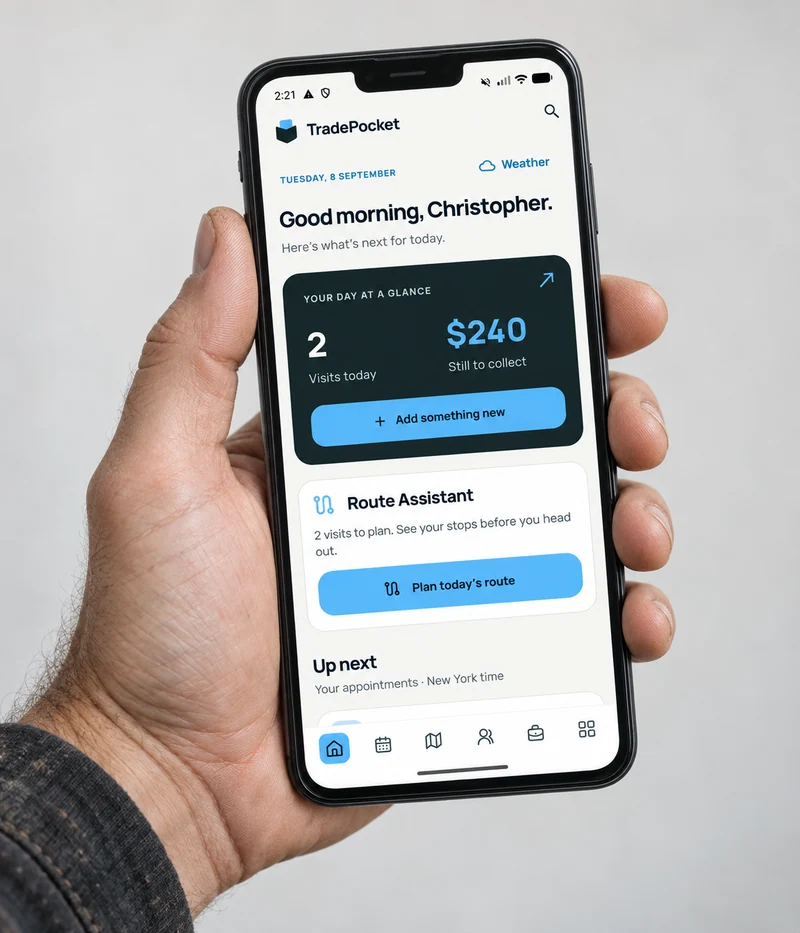 A hand holding a phone showing TradePocket's daily visits, outstanding invoices and Route Assistant